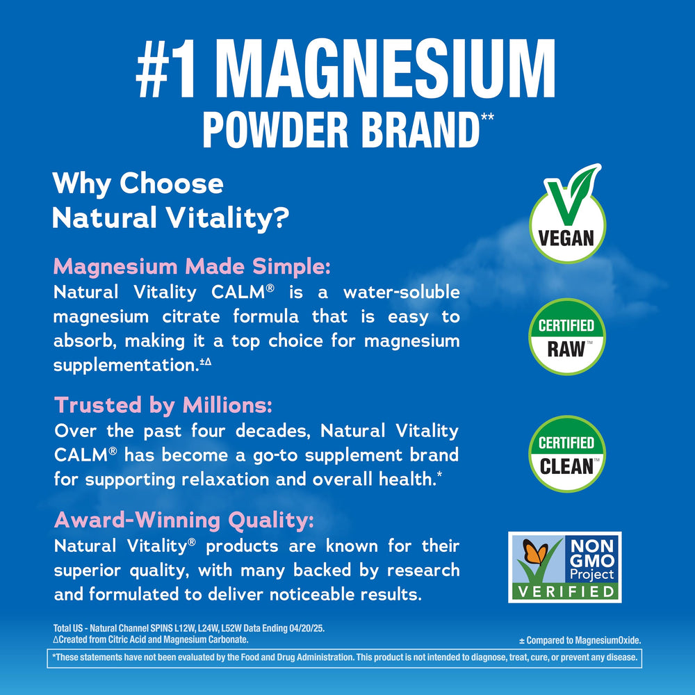Natural Vitality CALM fizzy drink in a glass showing a refreshing mood lift.