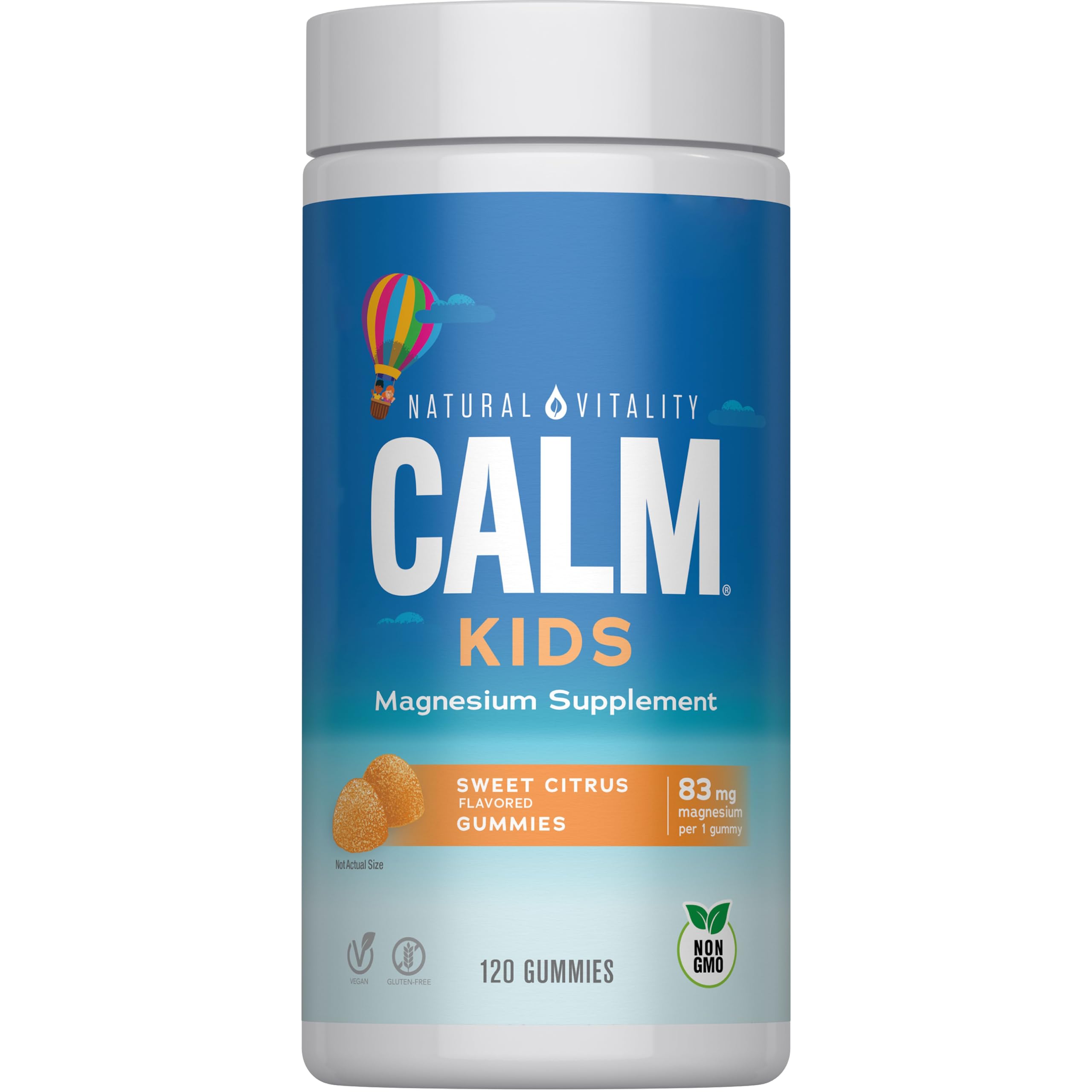 Natural Vitality CALM Kids Gummies bottle showcases kid-friendly magnesium for daily stress support
