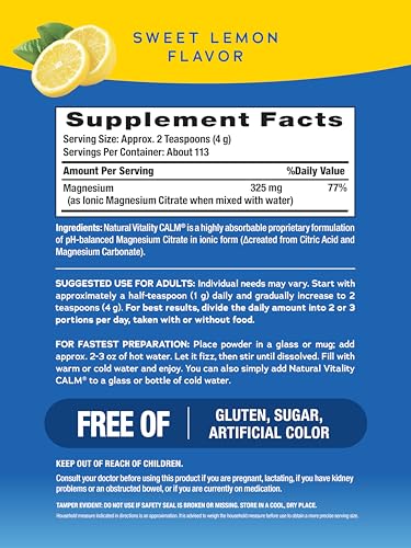 Natural Vitality CALM powder scoop beside the lemon flavor formula.