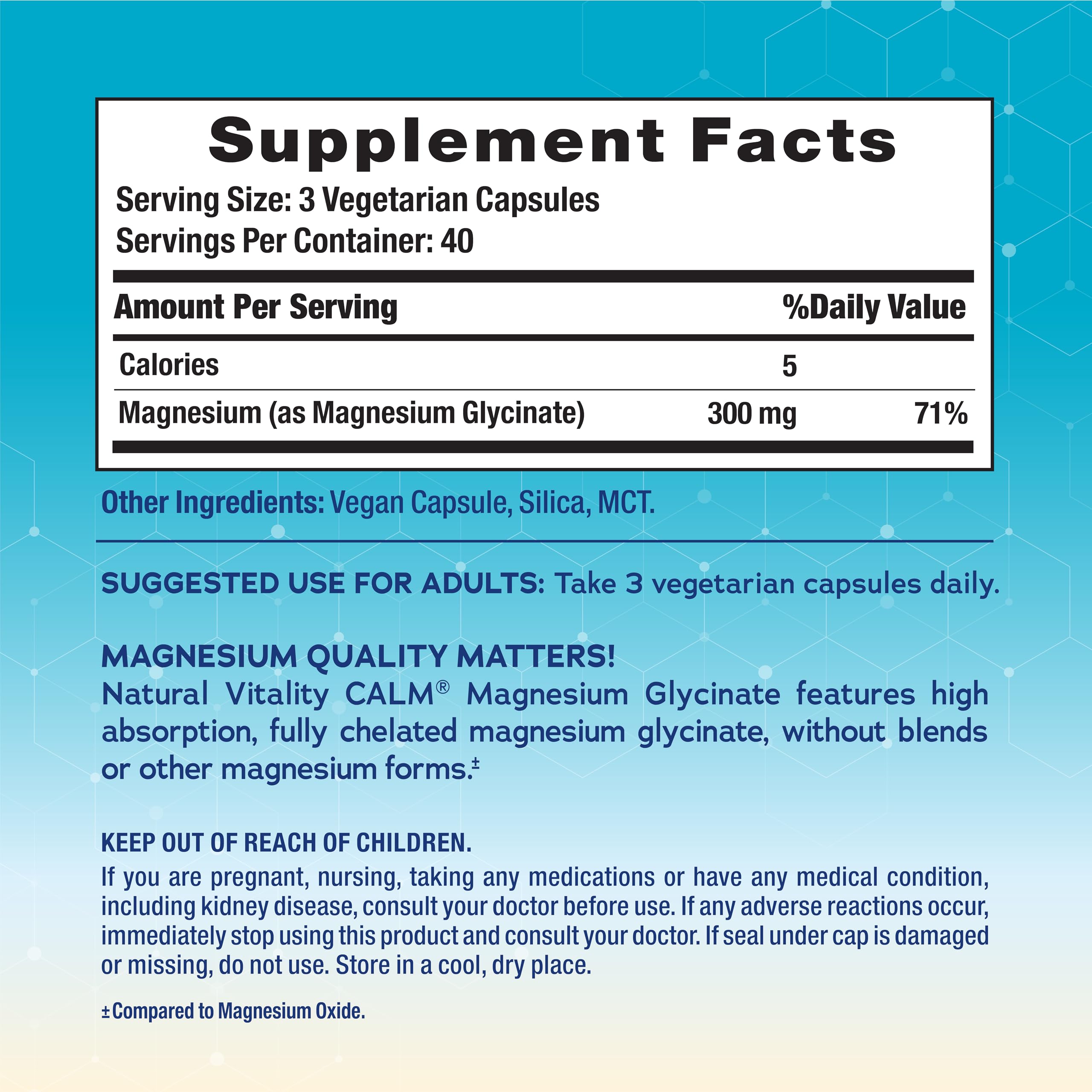 Natural Vitality Calm Magnesium capsule close-up highlighting easy dosing for everyday wellness.