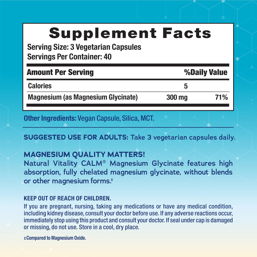 Natural Vitality Calm Magnesium capsule close-up highlighting easy dosing for everyday wellness.