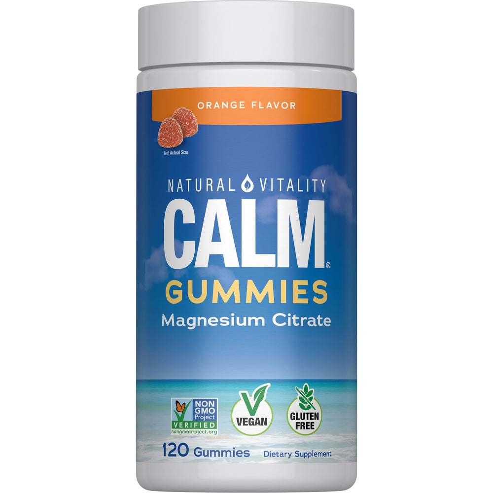 Natural Vitality Calm magnesium gummies orange-front bottle highlighting vegan, gluten-free stress-support benefits.