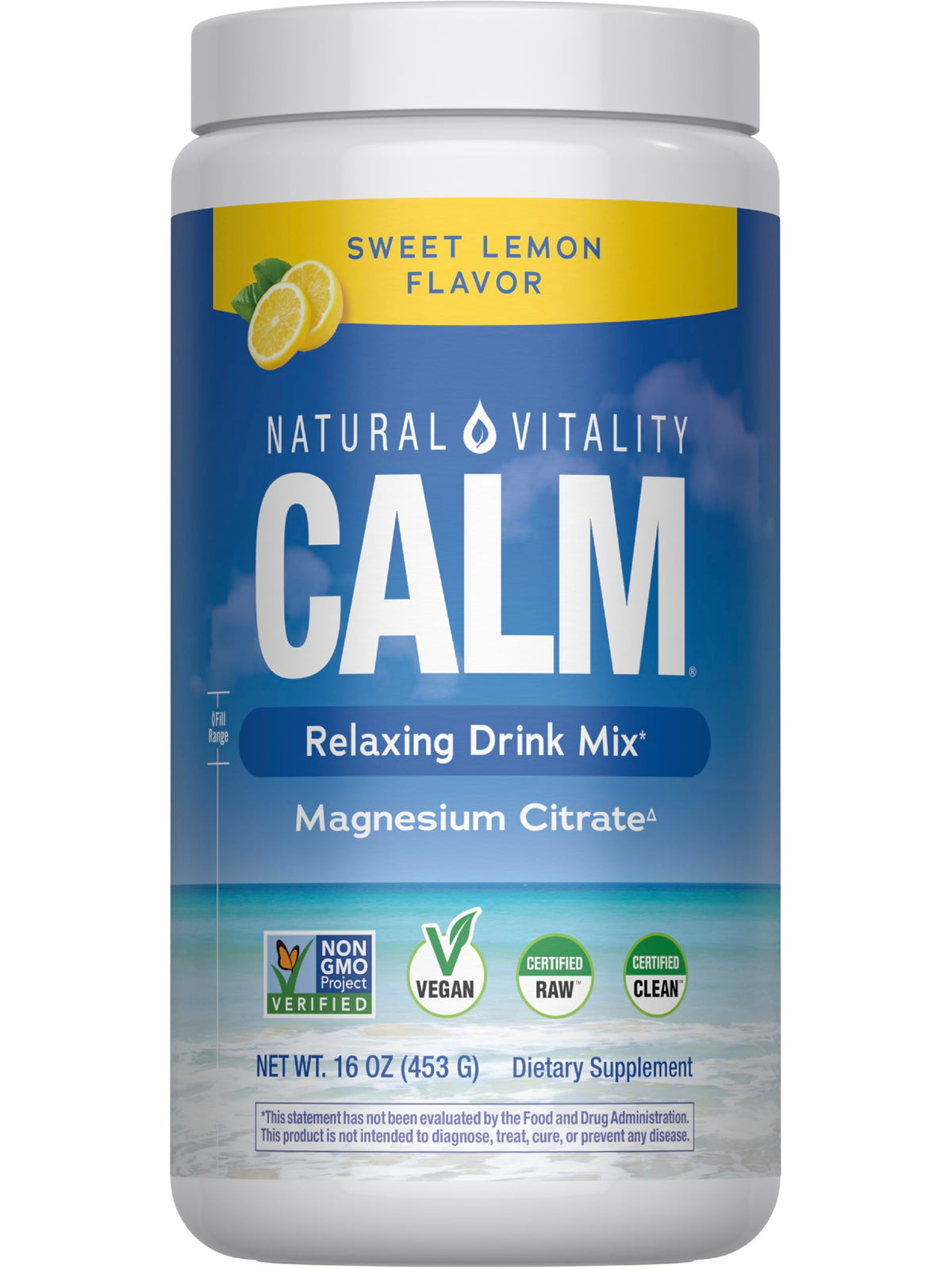 Natural Vitality CALM bottle with label, highlighting magnesium support for calm moments.