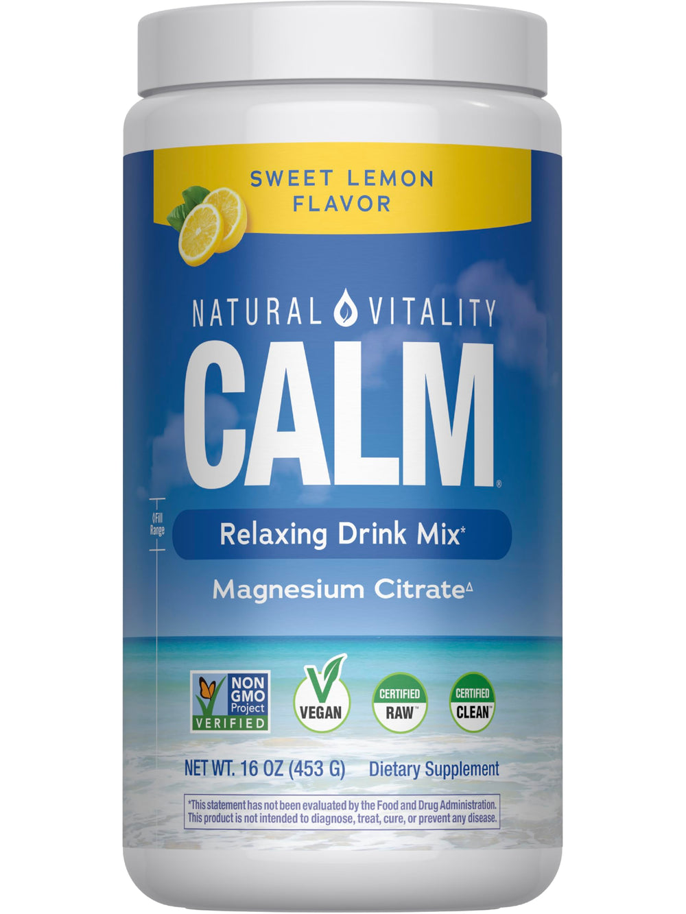 Natural Vitality CALM bottle with label, highlighting magnesium support for calm moments.