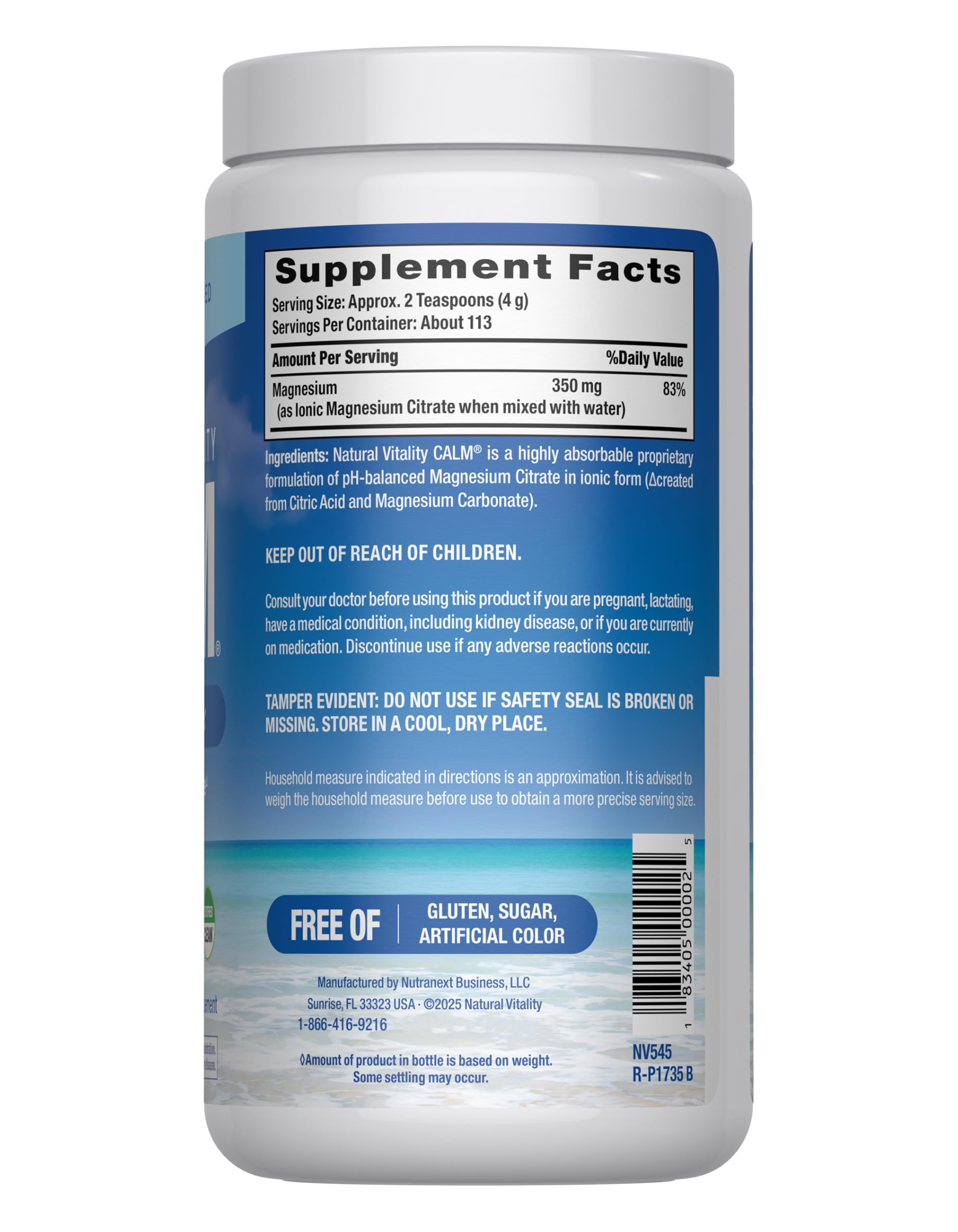 Natural Vitality CALM magnesium powder jar ready to mix into a calming beverage.