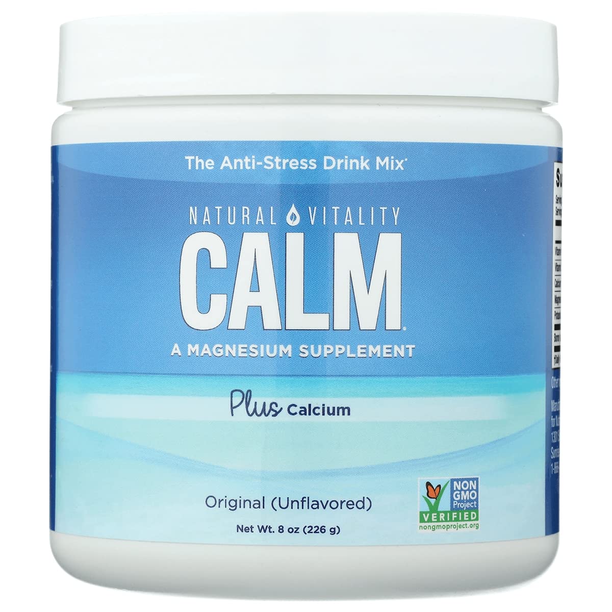 Natural Vitality Calm magnesium powder plus calcium bottle, unflavored, convenient relaxation support.