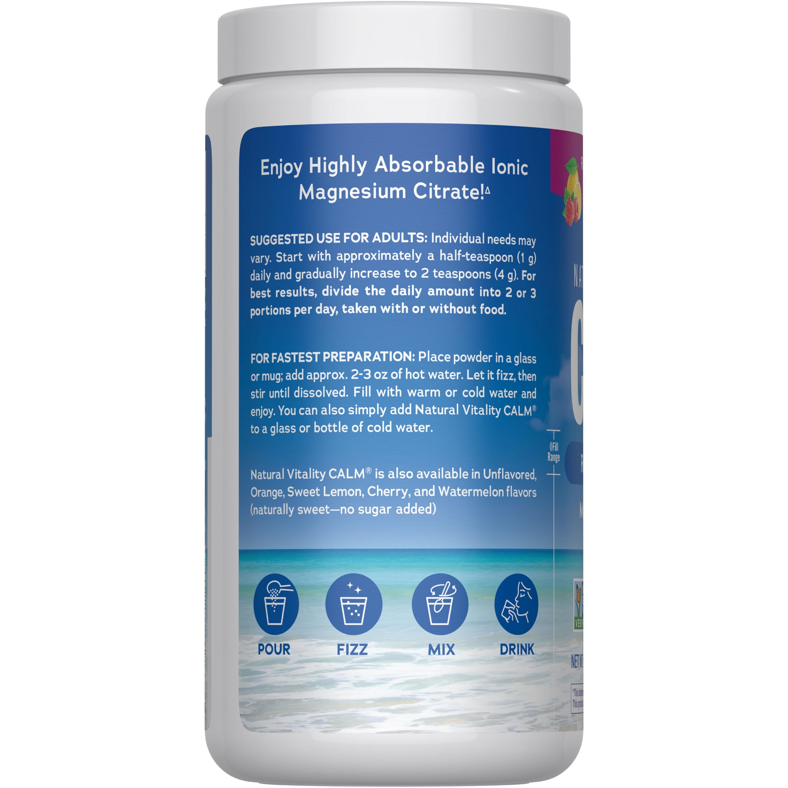 Natural Vitality CALM being mixed with water to illustrate magnesium citrate absorption.
