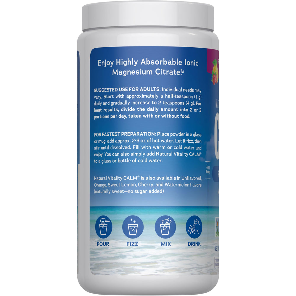 Natural Vitality CALM being mixed with water to illustrate magnesium citrate absorption.