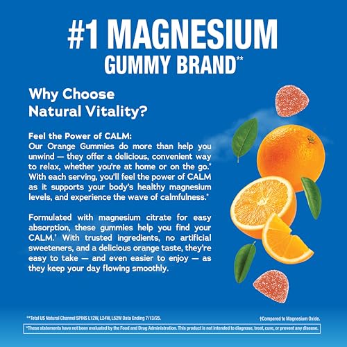 Natural Vitality Calm orange gummies close-up highlighting the 120-count bottle for daily use.