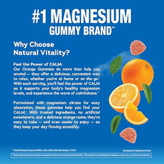 Natural Vitality Calm orange gummies close-up highlighting the 120-count bottle for daily use.