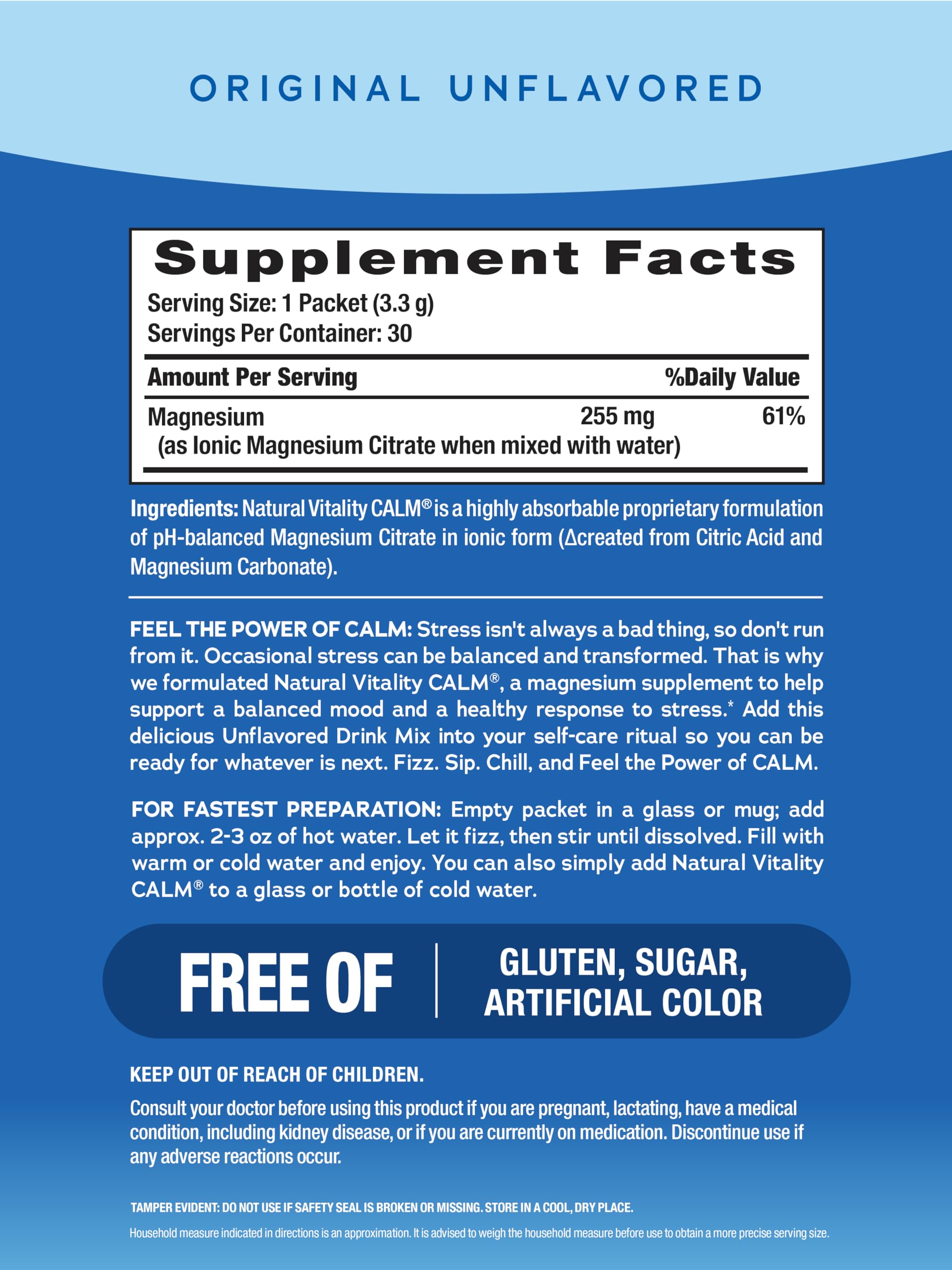 Natural Vitality Calm original dissolving in water for a relaxing daily beverage
