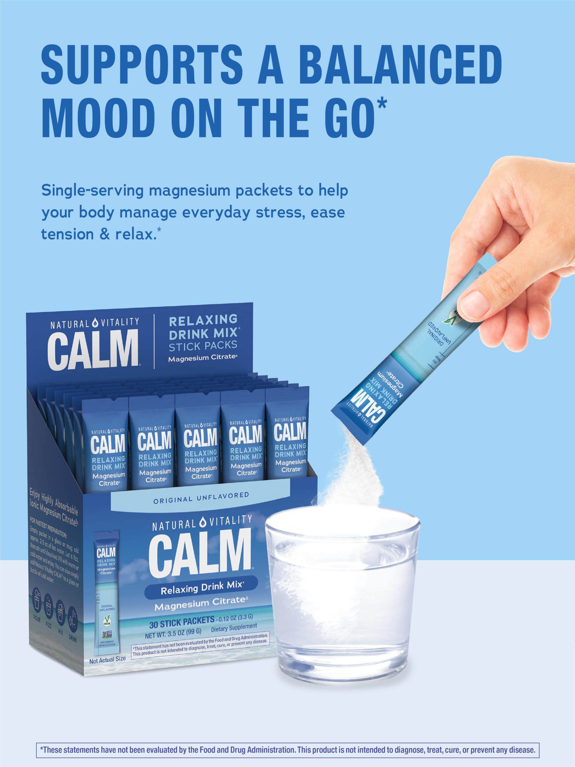 Natural Vitality Calm original packaging on display communicating vegan and gluten-free qualities
