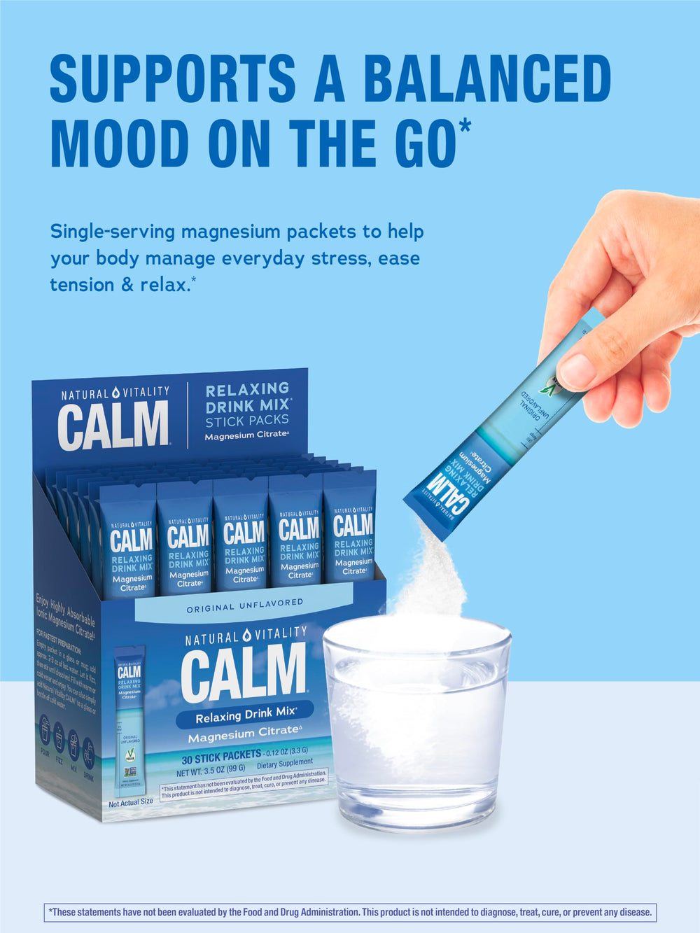 Natural Vitality Calm original packaging on display communicating vegan and gluten-free qualities