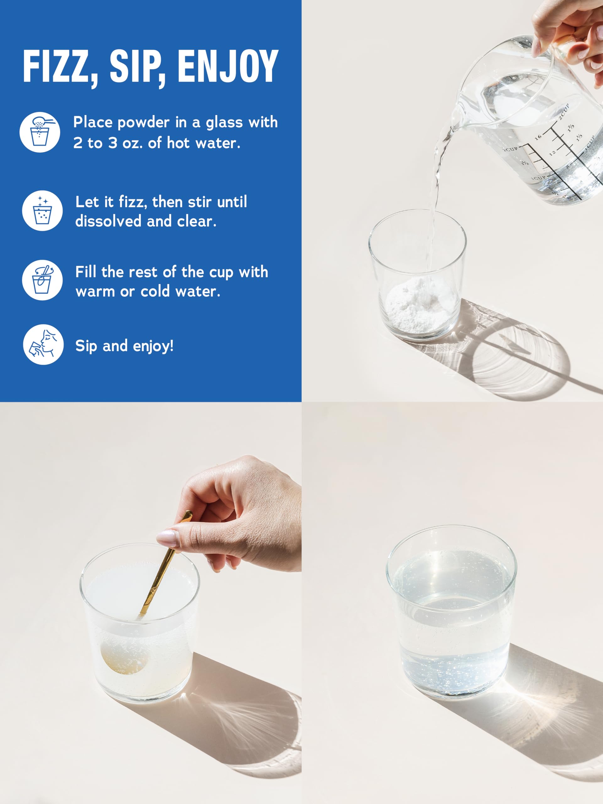 Natural Vitality CALM powder dissolving in water to create a fizzy drink.
