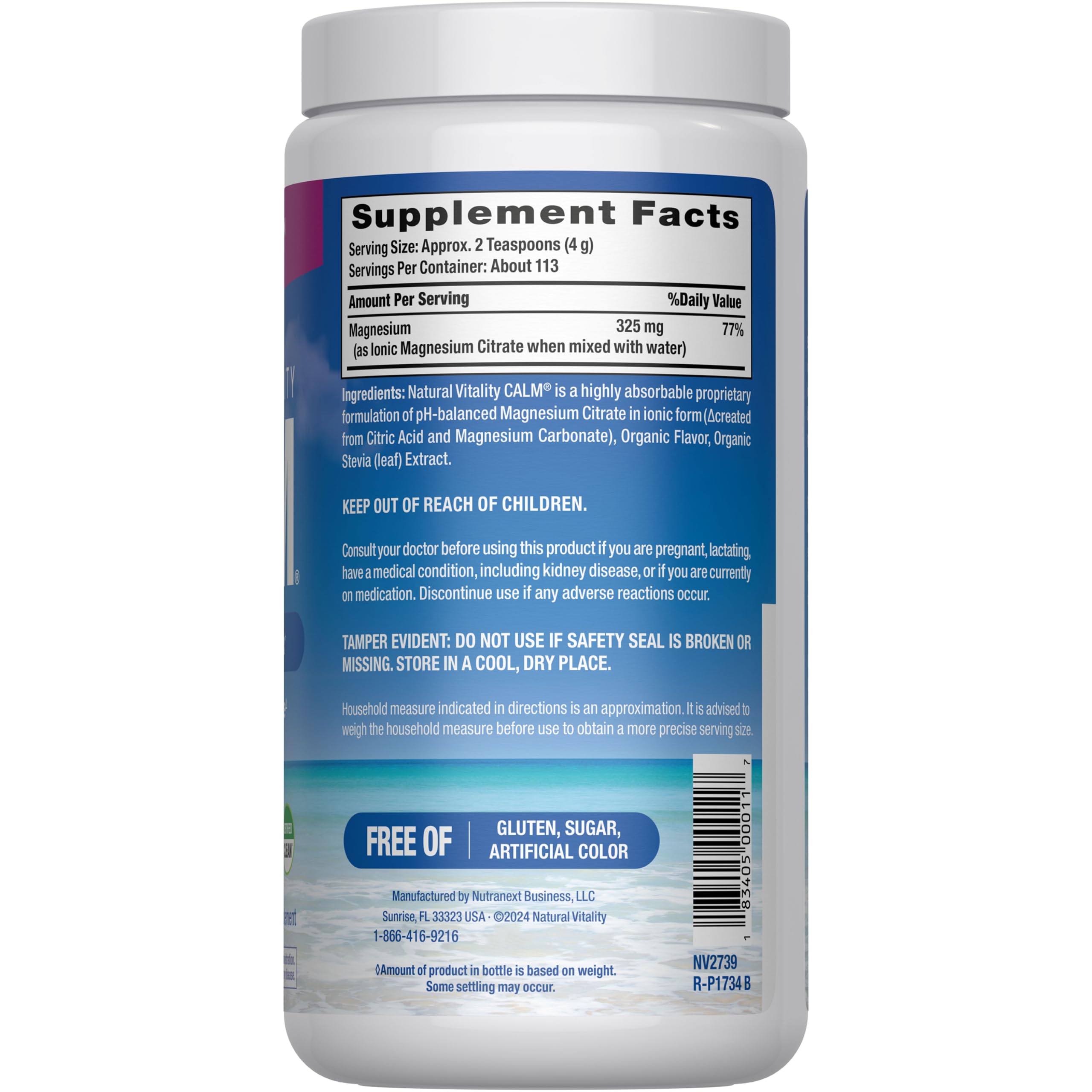 Natural Vitality CALM powder scoop highlighting magnesium supplement for stress response.
