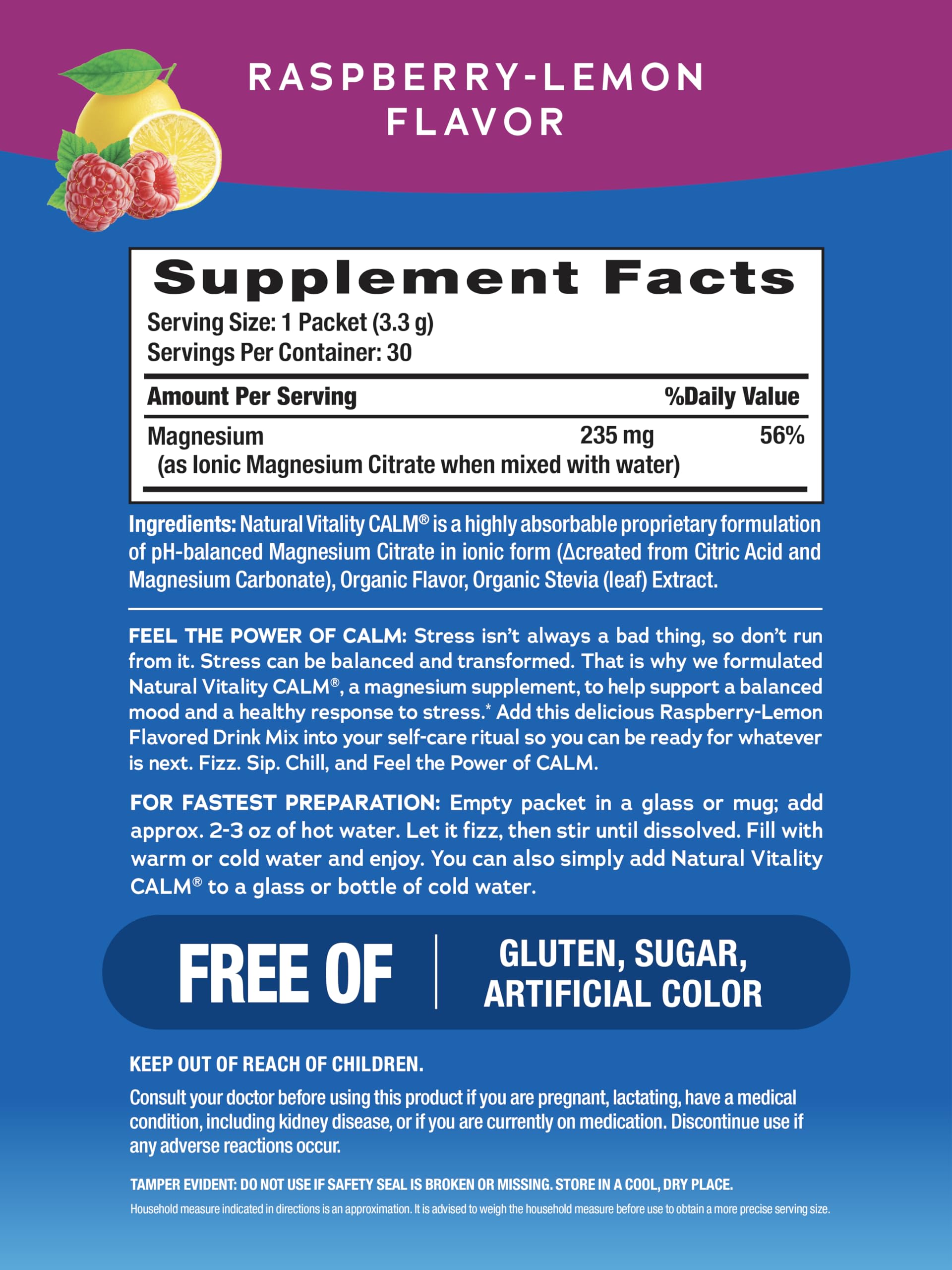 Natural Vitality CALM raspberry lemon fizz in a glass for a refreshing ritual.