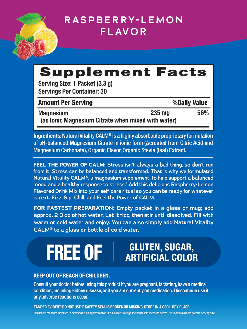 Natural Vitality CALM raspberry lemon fizz in a glass for a refreshing ritual.