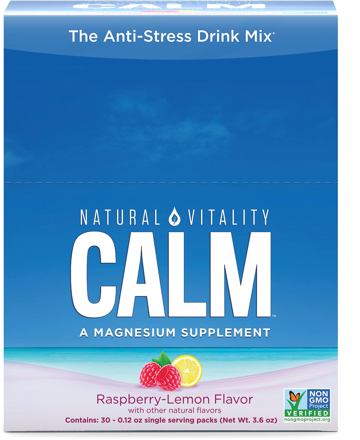 Natural Vitality CALM raspberry lemon packets for on-the-go calm moments.