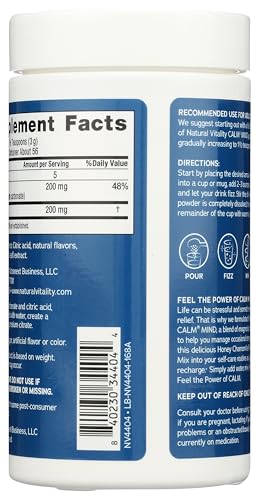 Natural Vitality Honey Chamomile Calm Mind label highlighting soothing ingredients for daily calm.