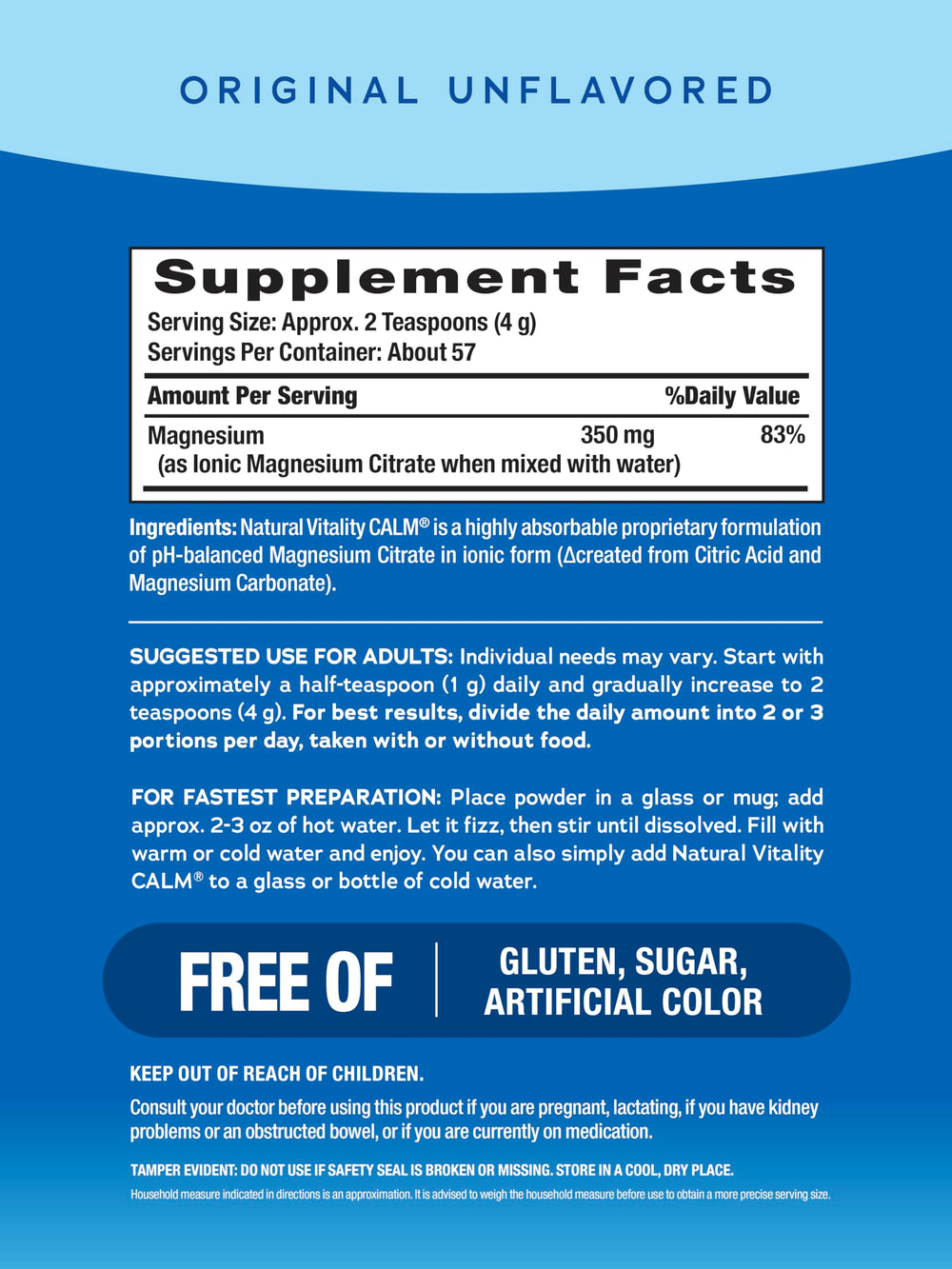Scoop of Natural Vitality Original Calm magnesium powder next to a glass for easy hydration.