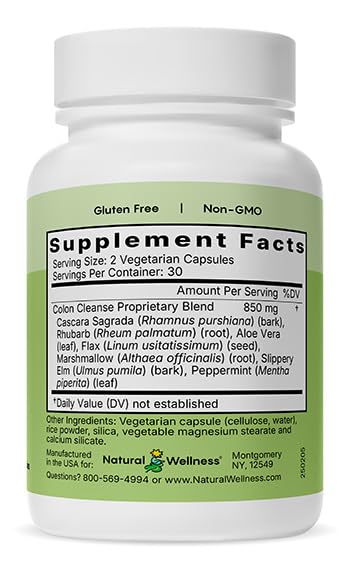 Natural Wellness Colon Cleanse capsules close-up emphasizing vegetarian formula for clean detox.