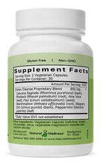 Natural Wellness Colon Cleanse capsules close-up emphasizing vegetarian formula for clean detox.