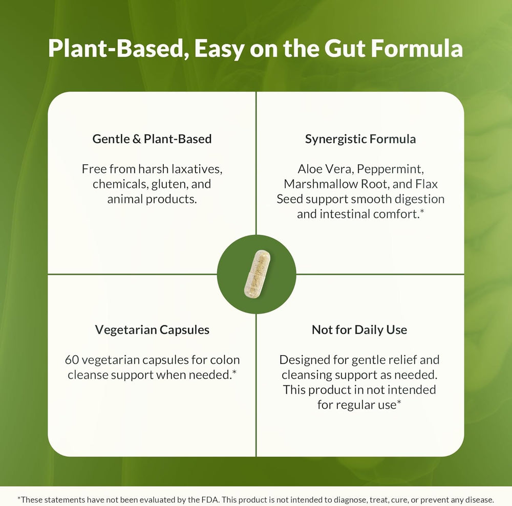Label close-up on Natural Wellness Colon Cleanse detailing seven-herb blend.