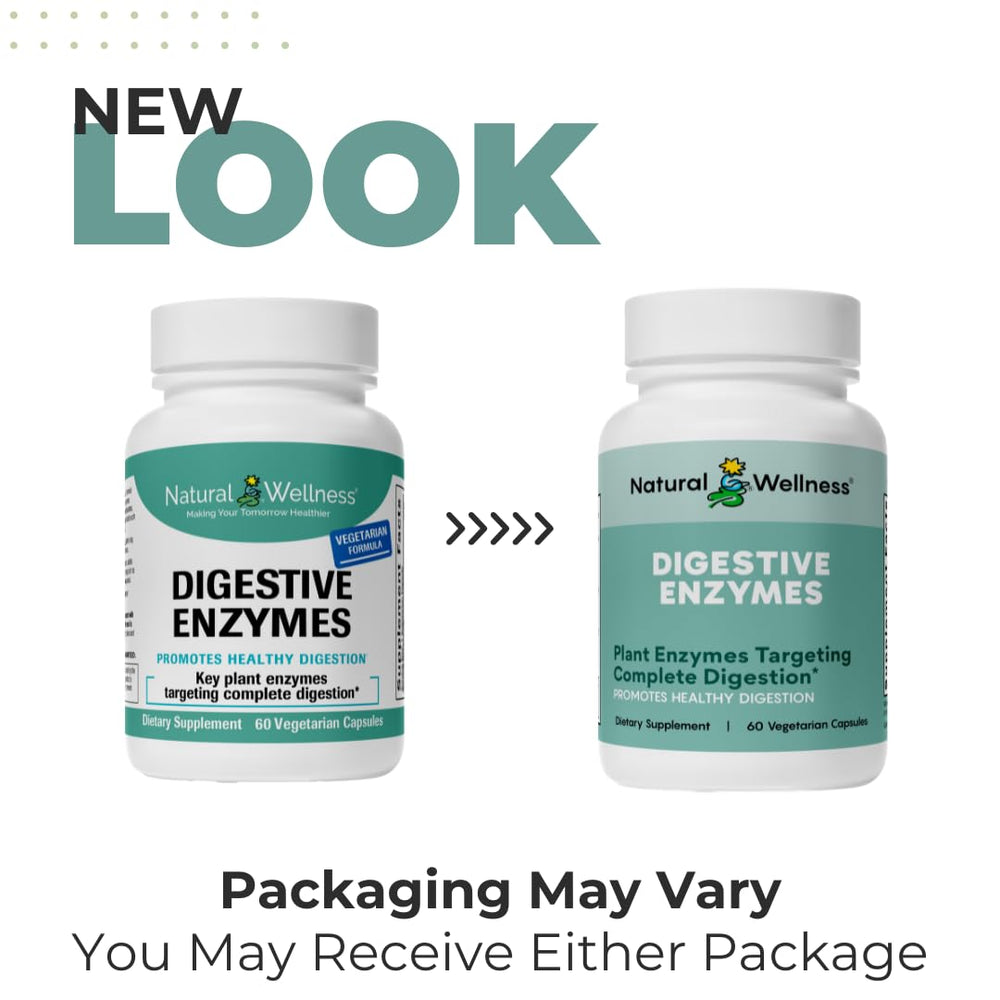 Natural Wellness Digestive Enzymes bottle back label highlights ingredients and use