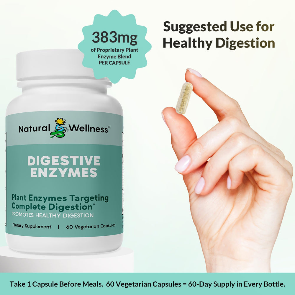 Natural Wellness Digestive Enzymes on shelf display communicates digestive comfort