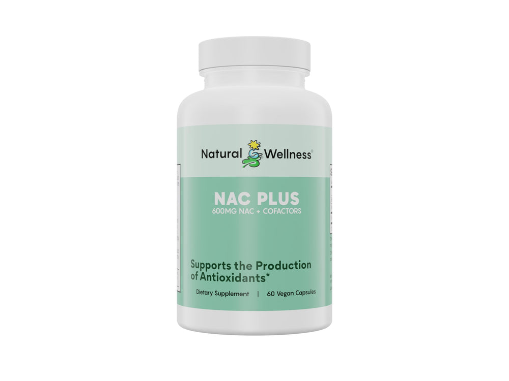 Natural Wellness NAC Plus bottle showcasing 600mg NAC for antioxidant support and daily resilience.
