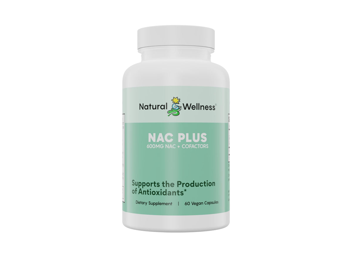 Natural Wellness NAC Plus bottle showcasing 600mg NAC for antioxidant support and daily resilience.