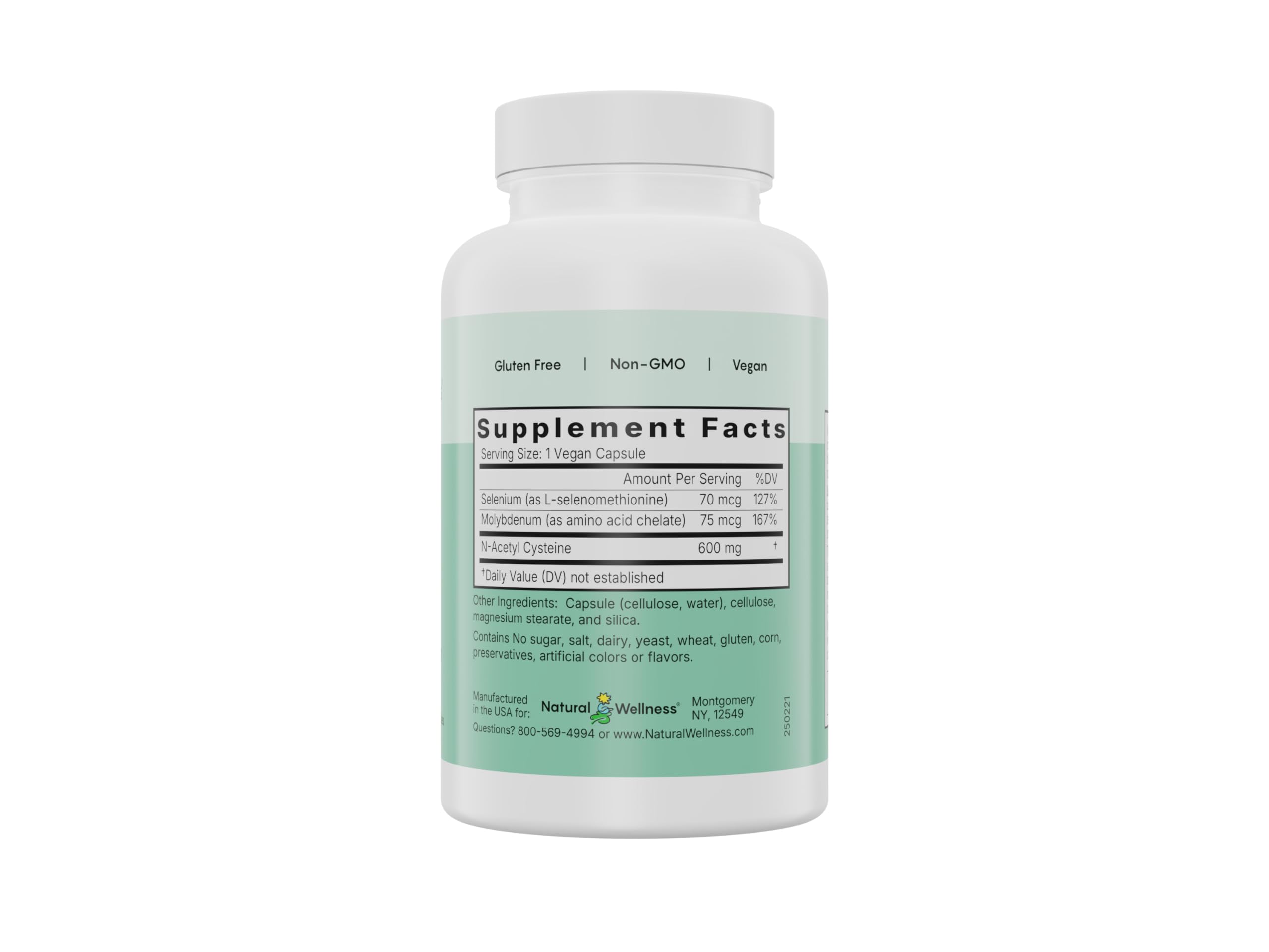 Natural Wellness NAC Plus label close-up highlighting non-GMO ingredients and gluten-free formulation.