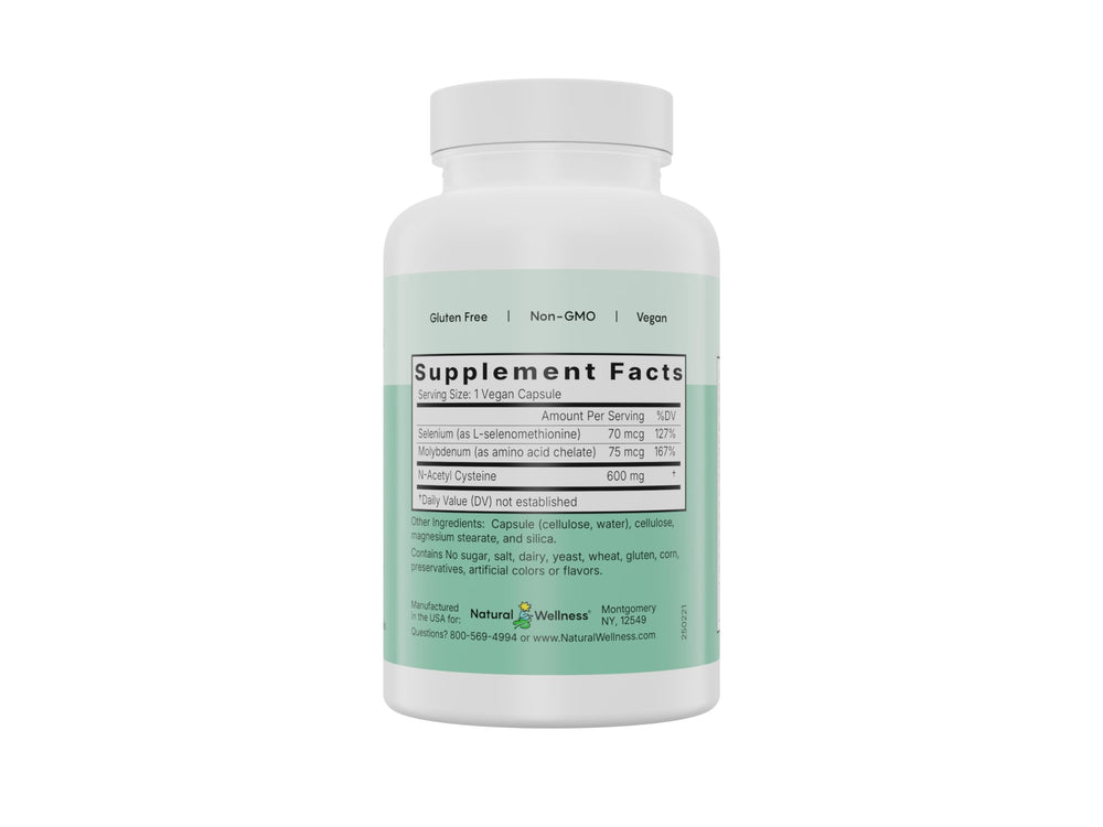 Natural Wellness NAC Plus label close-up highlighting non-GMO ingredients and gluten-free formulation.