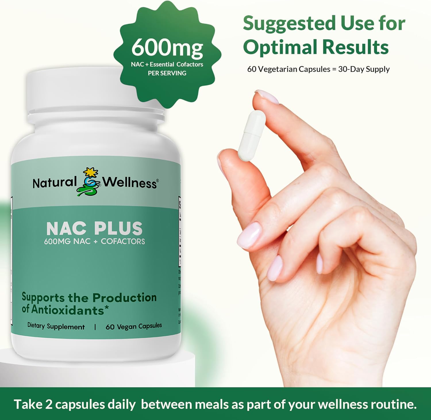 Natural Wellness NAC Plus bottle with graphics suggesting glutathione boost potential.