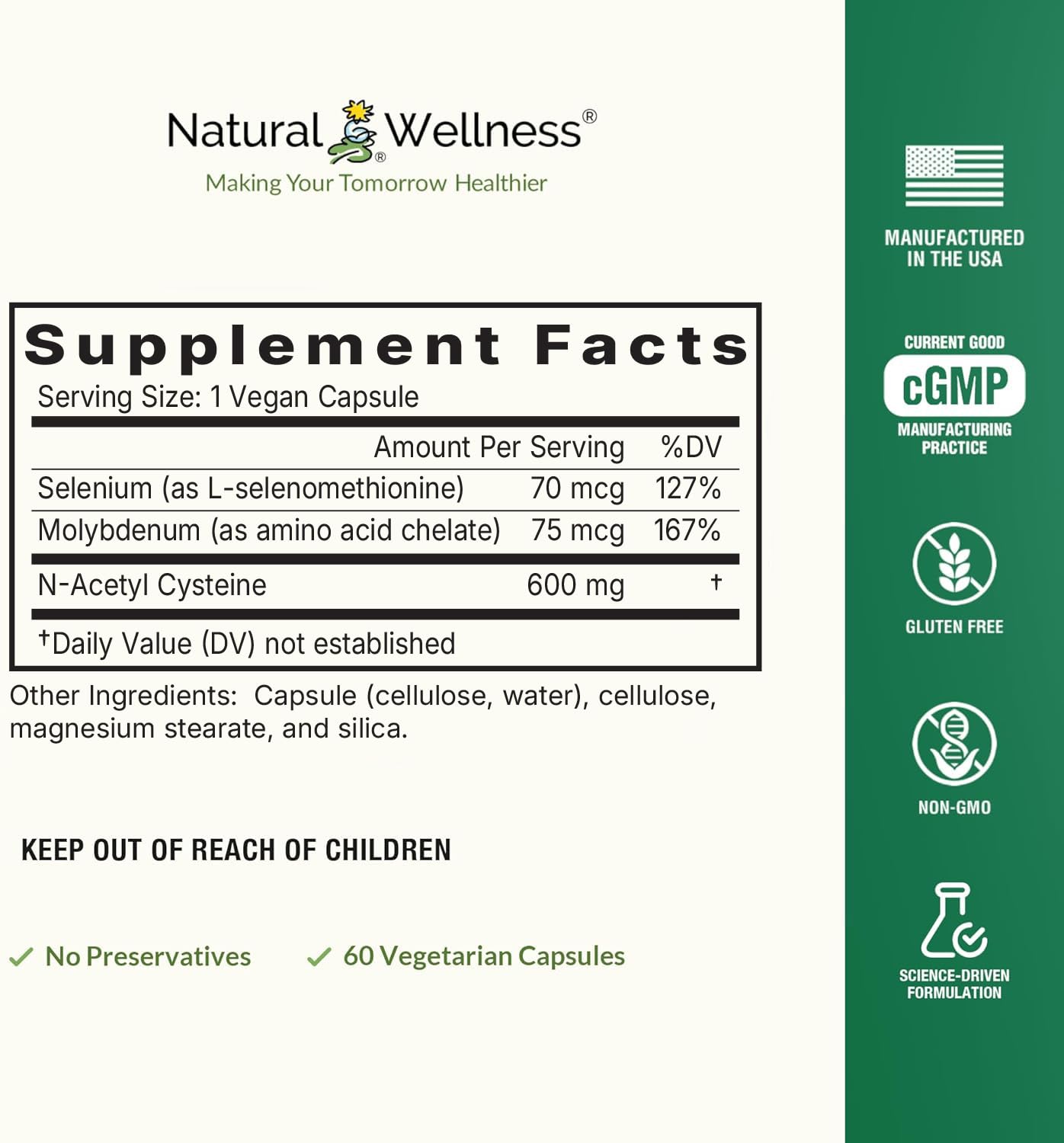 Natural Wellness NAC Plus certifications seal on packaging suggesting quality and product integrity.