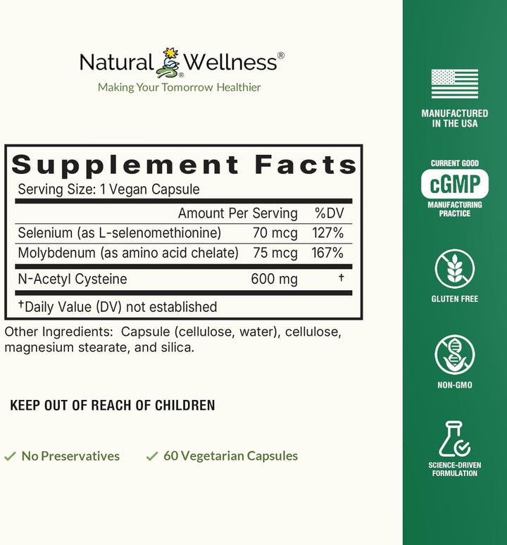 Natural Wellness NAC Plus certifications seal on packaging suggesting quality and product integrity.