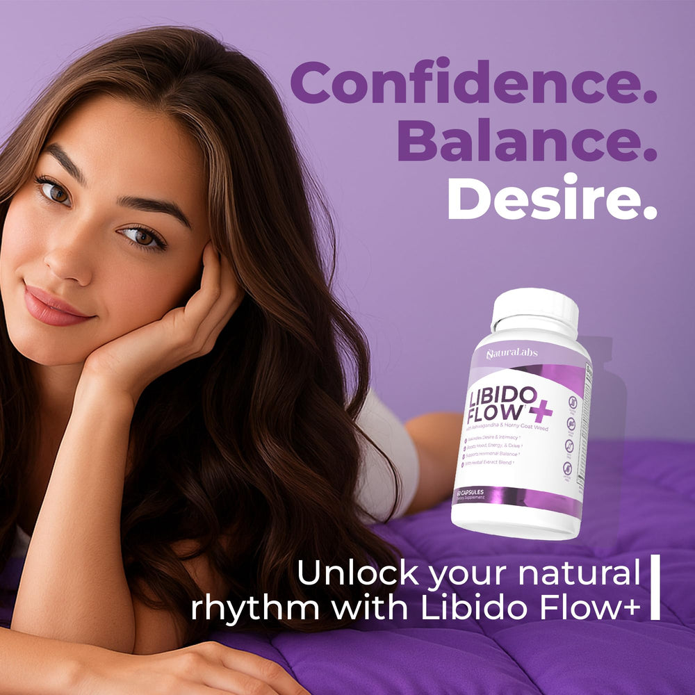Naturalabs Libido Flow bottle with glass of water presenting easy daily routine
