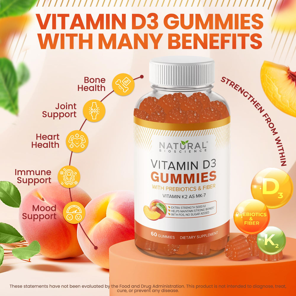 Natural BioScience gummy close-up showing vegan-friendly sugar-free formula and peach flavor.