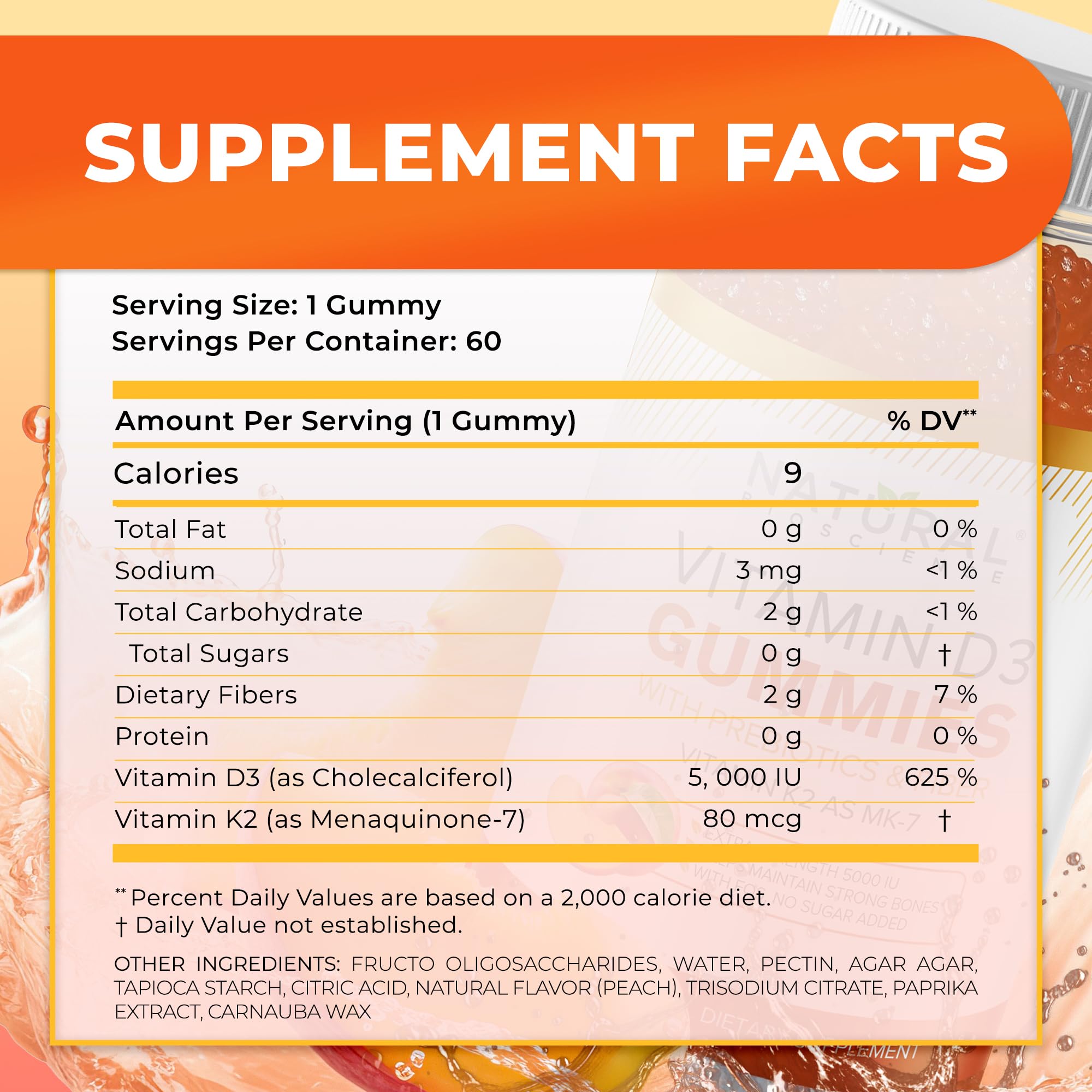 Natural BioScience bottle highlights vegetarian-friendly, gluten-free D3 K2 gummy formula.