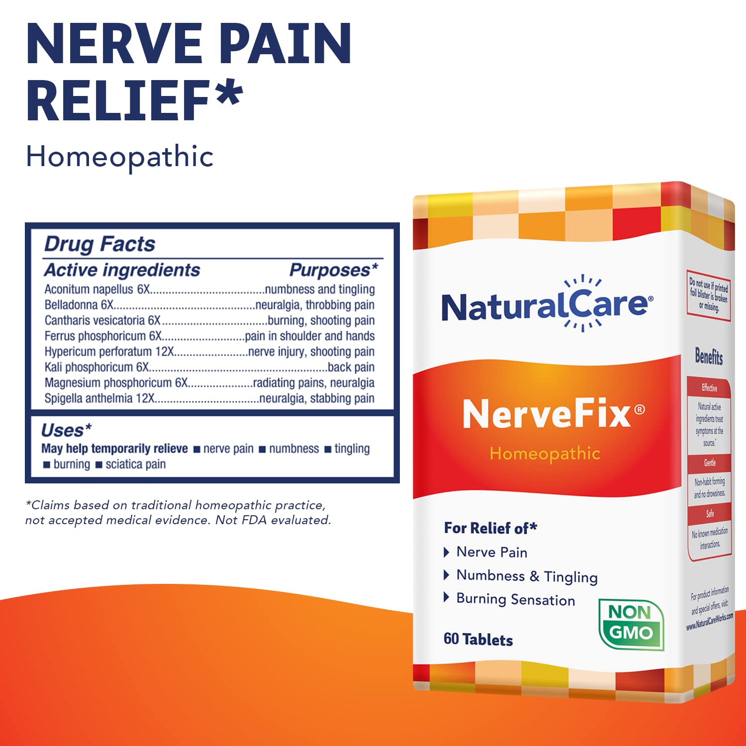 NaturalCare NerveFix bottle label close-up showing ingredients highlights and packaging.