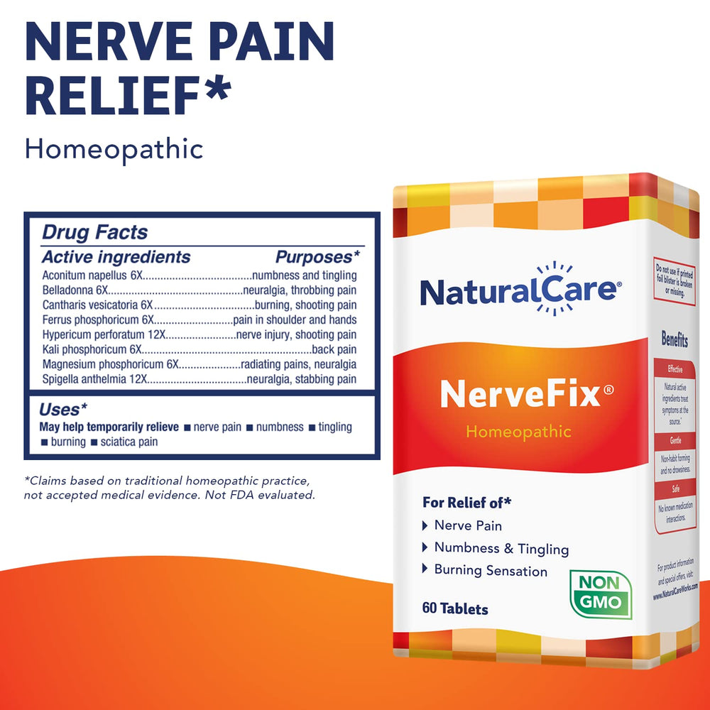 NaturalCare NerveFix bottle label close-up showing ingredients highlights and packaging.