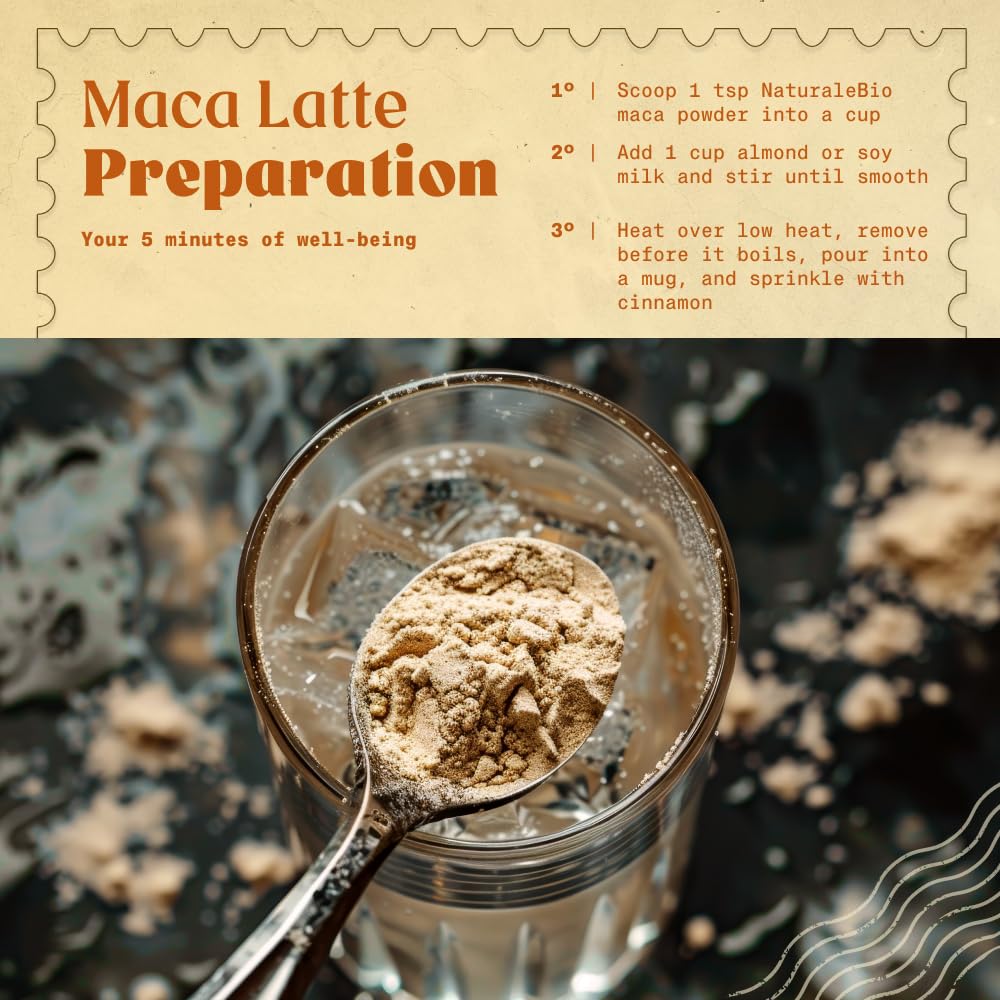 NaturaleBio Maca Powder with scoop for easy serving.