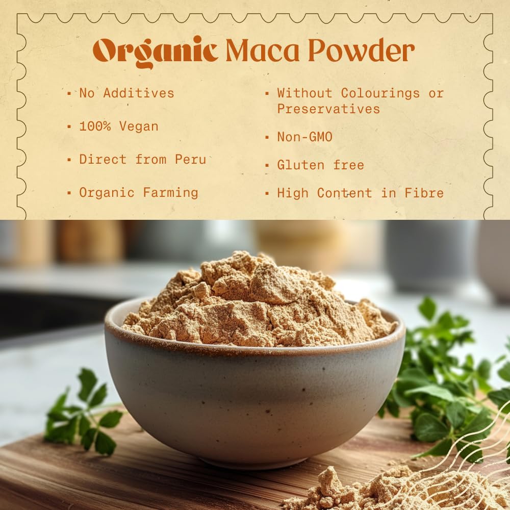 NaturaleBio Maca Powder label closeup shows organic quality and gelatinized form.