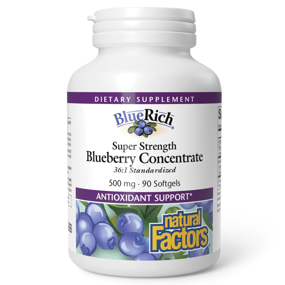 BlueRich de Natural Factors: botella con cápsulas blandas para apoyo antioxidante diario.