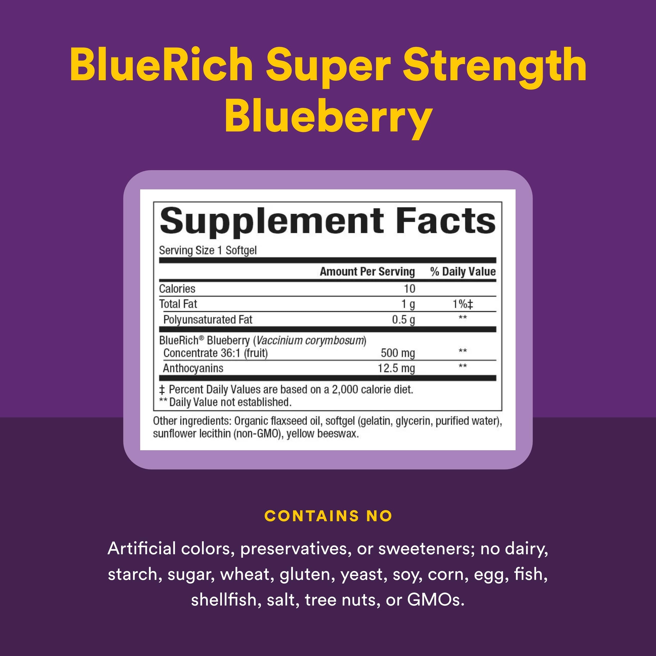 BlueRich de Natural Factors: etiqueta con certificación y pruebas de pureza.