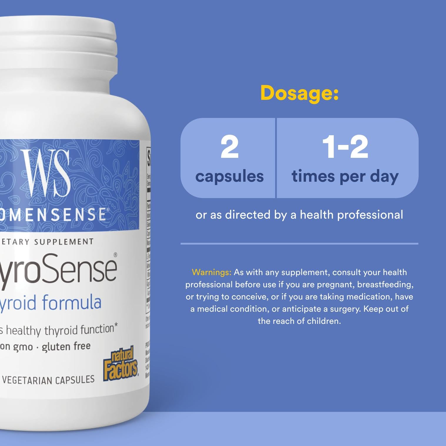 Natural Factors ThyroSense label highlights essential minerals and amino acids for metabolism support.