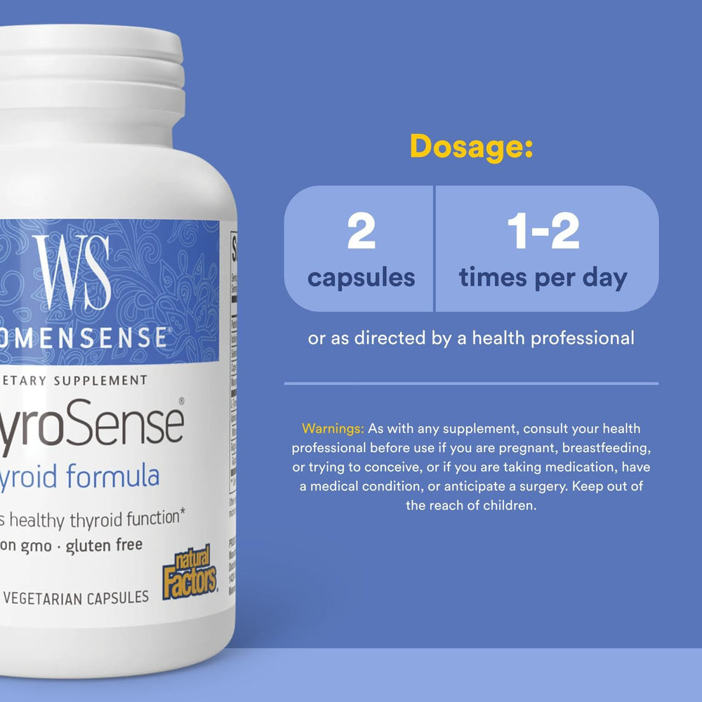 Natural Factors ThyroSense label highlights essential minerals and amino acids for metabolism support.