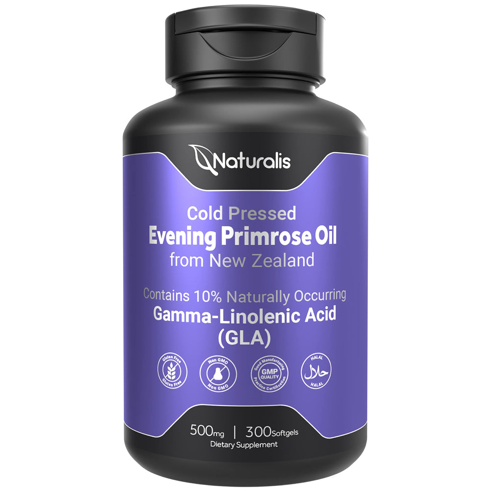 Naturalis Evening Primrose Oil bottle and softgels for convenient daily use.