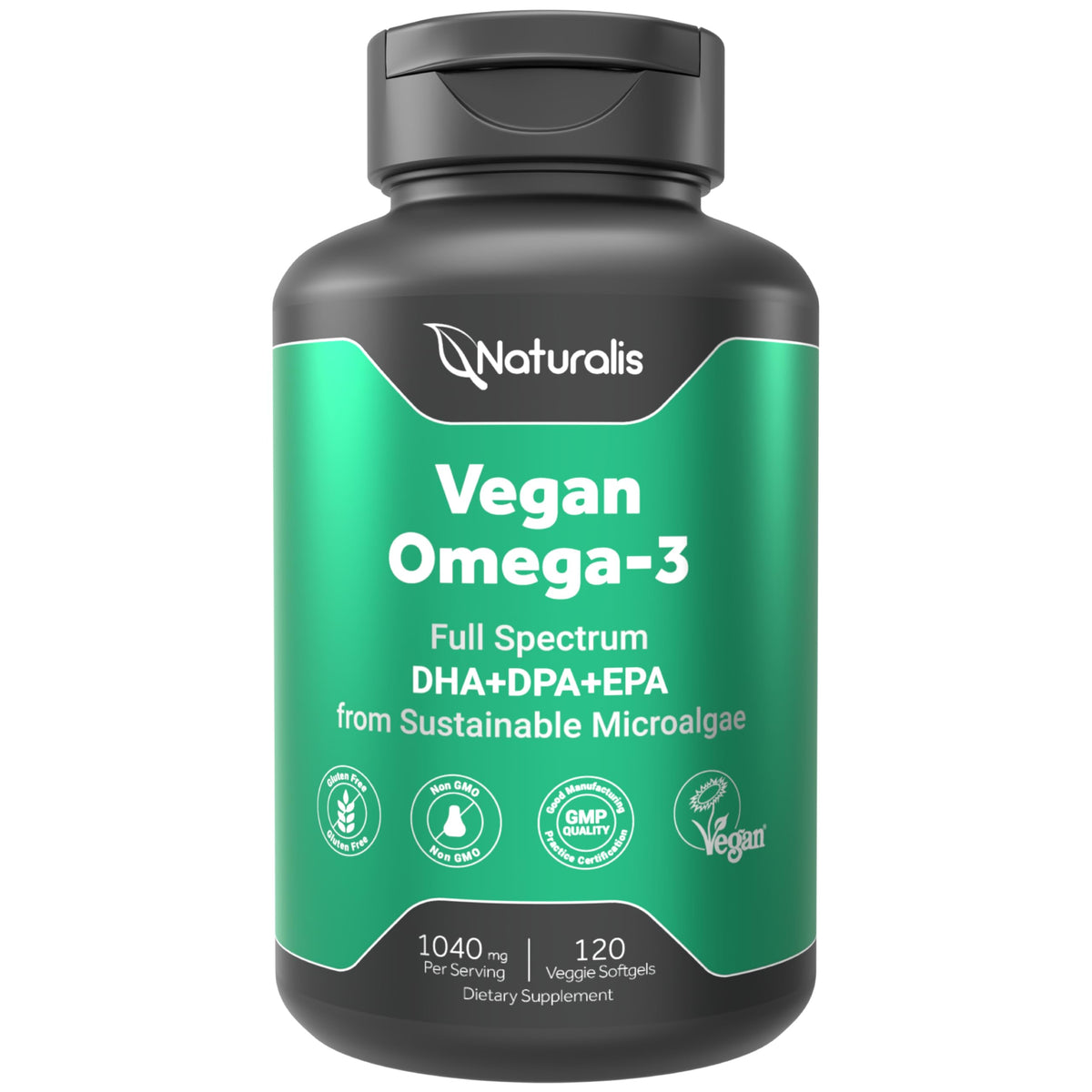 Naturalis Vegan Omega-3 full-spectrum bottle shows algae-based DHA, EPA, and DPA for overall wellness.