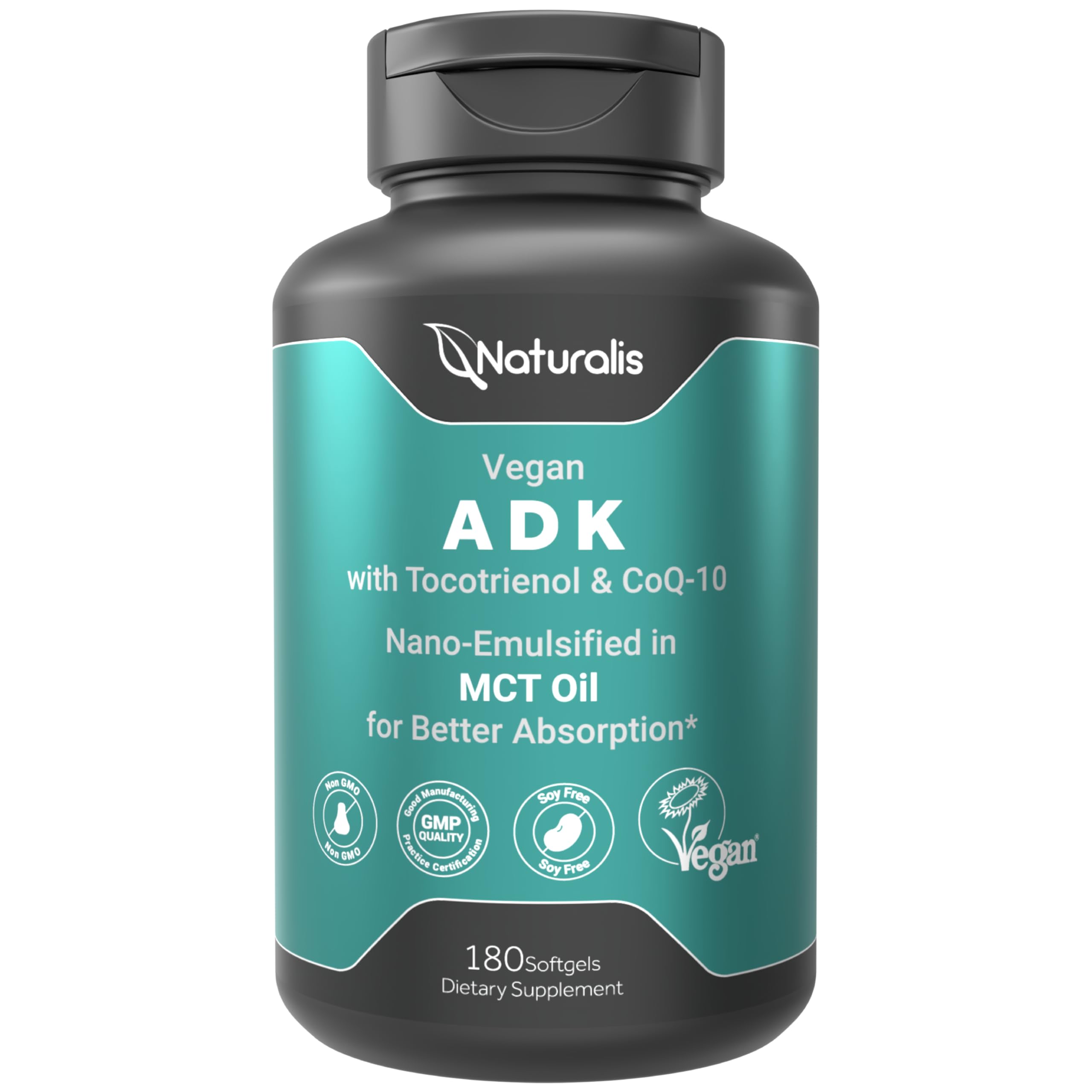 Naturalis bottle pour showing ADKE with CoQ-10 for easy daily use